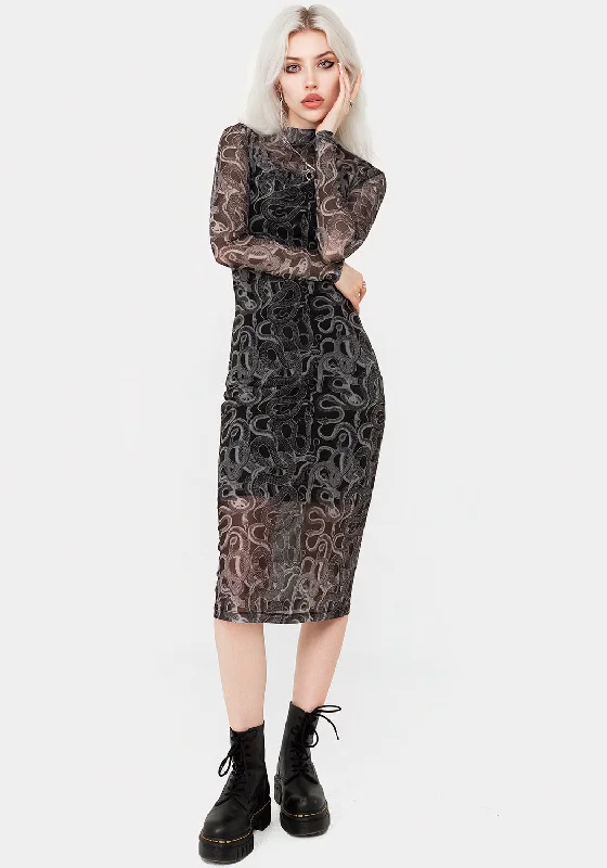 Serpente Print Mesh Bodycon Midi Dress