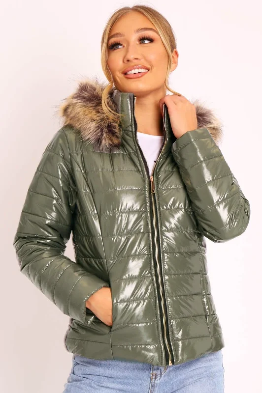 Khaki Wet Look Puffer Coat - Soph