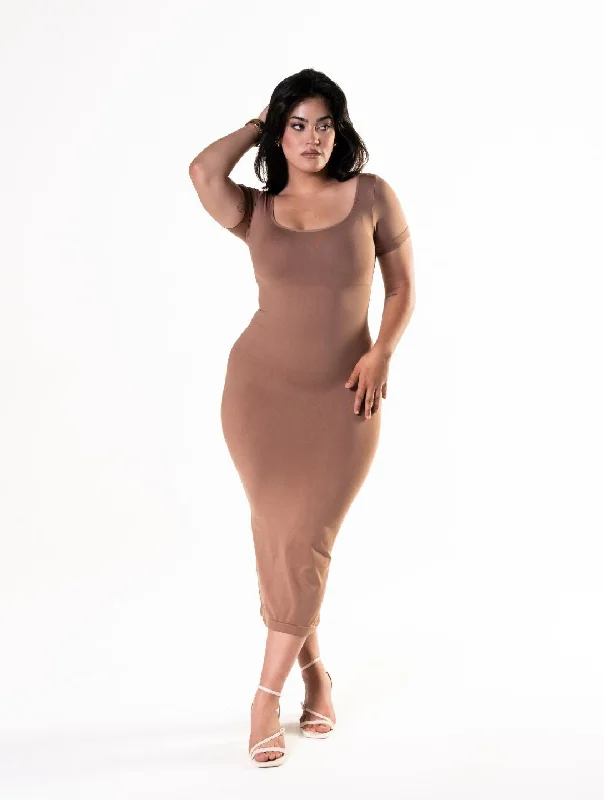 Bodycon Shapewear Midi Slit Dress with Short Sleeves