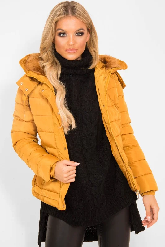 Mustard Faux Fur Trim Hood Padded Coat - Jessabelle