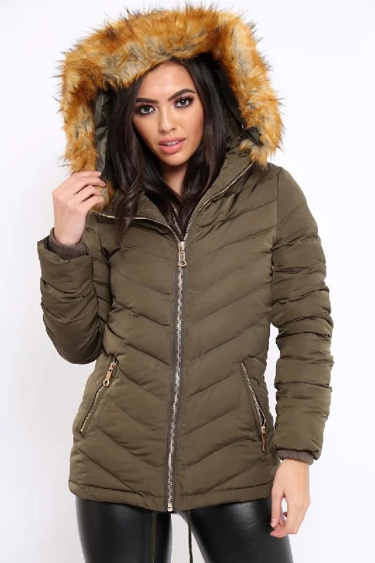 Khaki Padded Coat With Faux Fur Trim Hood - Jocelyn