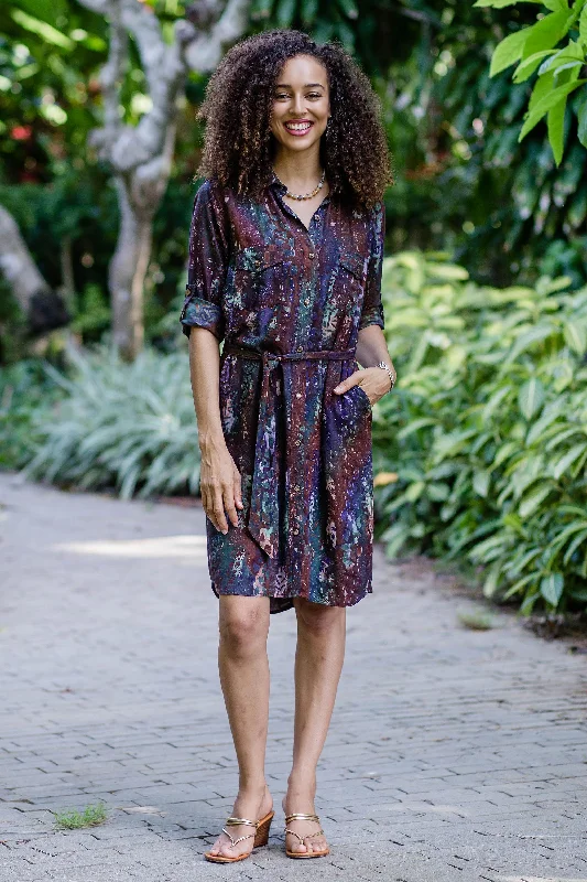 Chic Style Batik Rayon Collared Shirtdress from Bali