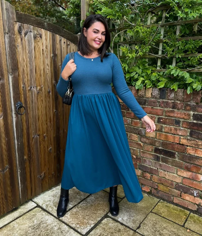 Teal Knitted Bodice Midi Dress