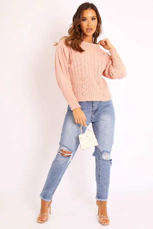 Pink Gold Button Front Knit Jumper - Eleonor