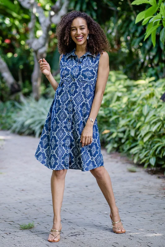 Eyeful Blue 100% Cotton Shirt Dress with Geometric Pattern