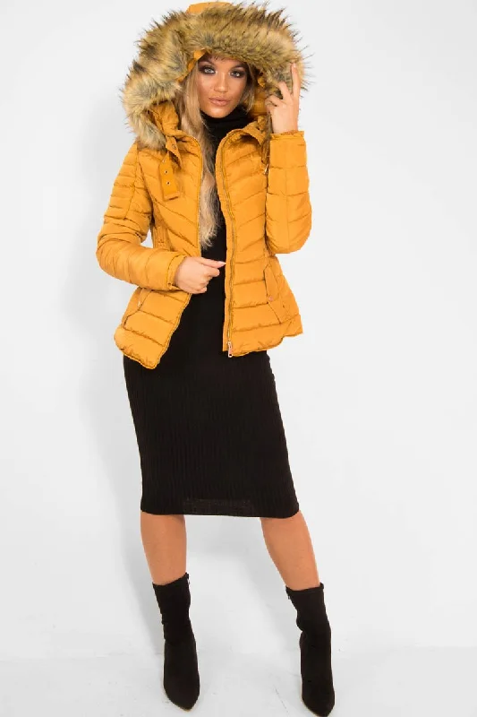 Mustard Faux Fur Hood Gold Detail Puffer Coat - Rylah