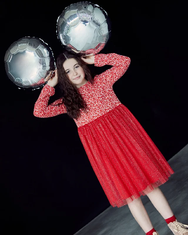 Red floral&tulle dress  10-11y (140-146cm)