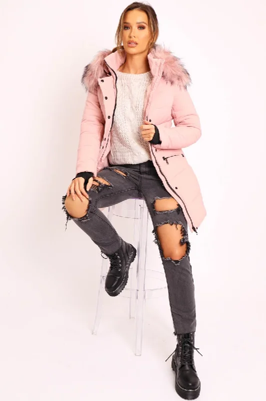 Dusty Pink Adjustable Waist Longline Puffer Coat - Zofia