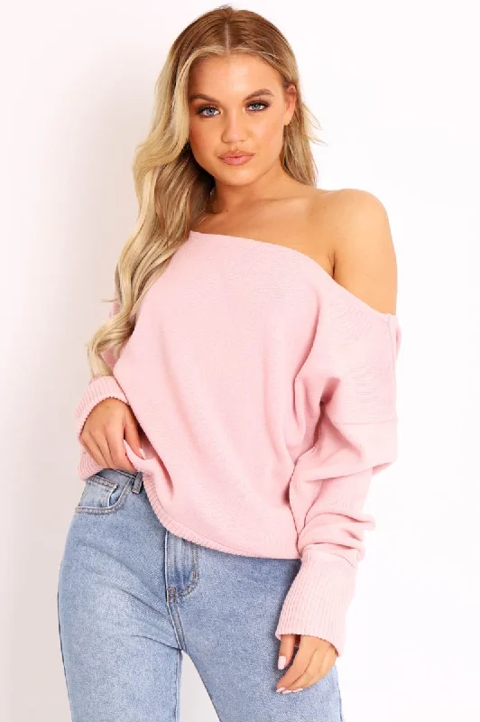 Pink Off Shoulder Knit Jumper - Brithany