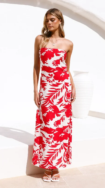 Uzma Strapless Maxi Dress - Red / White Print