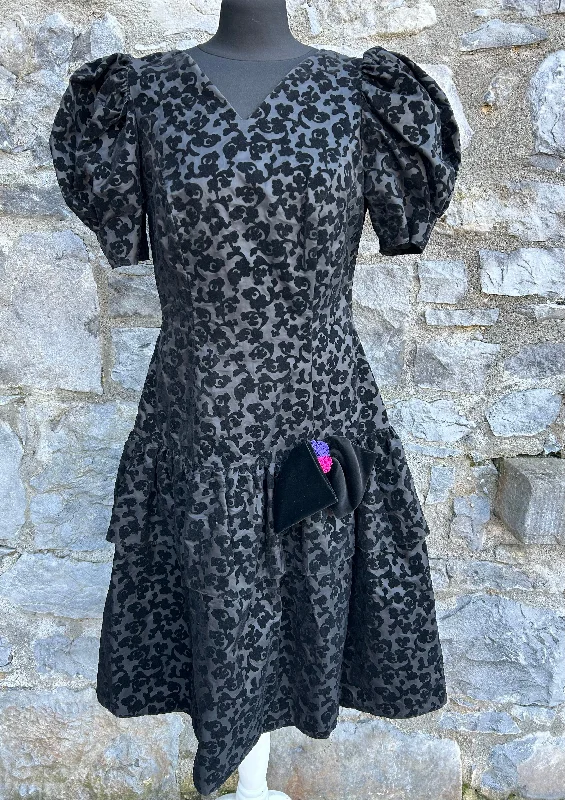 80s black floral puffy sleeves dress uk 10