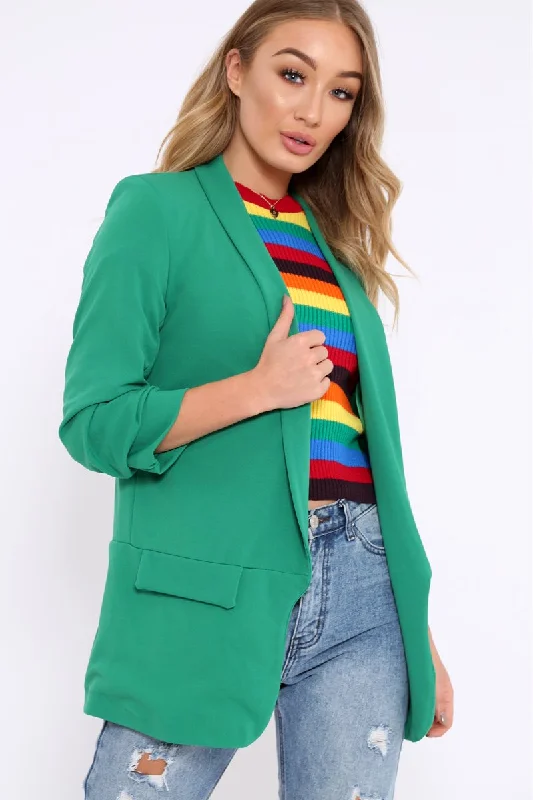 Green Open Front Ruffled Sleeves Blazer - Kanna