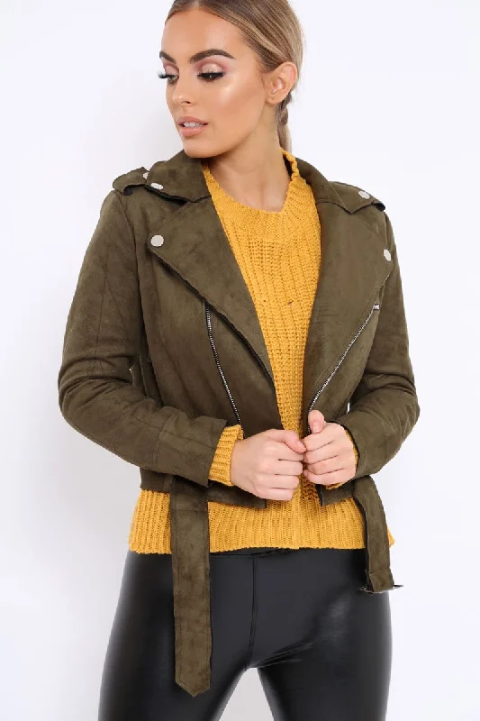 Khaki Suede Biker Jacket - Anja