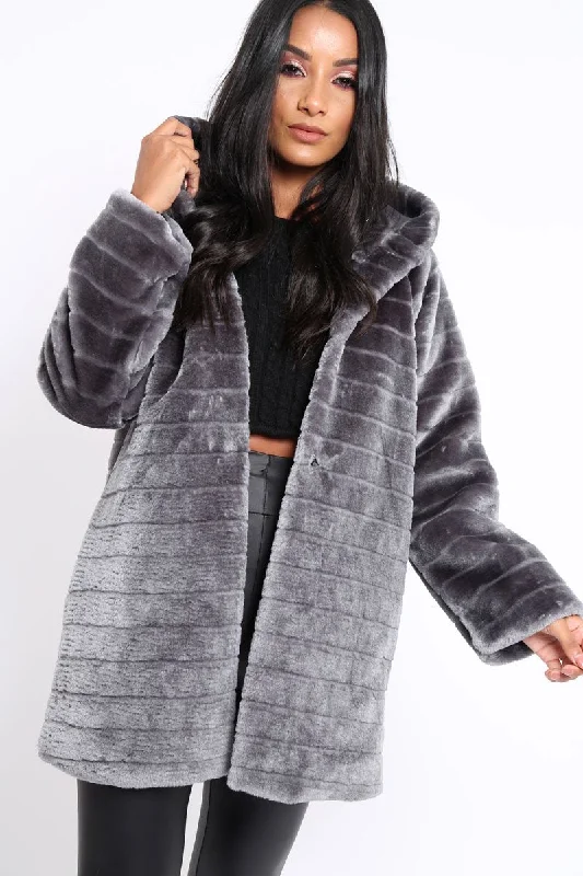 Grey Soft Faux Fur Hooded Coat - Kila