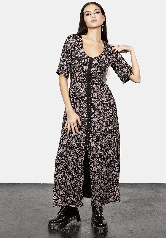 Mycophile Mushroom Print Split Maxi Dress