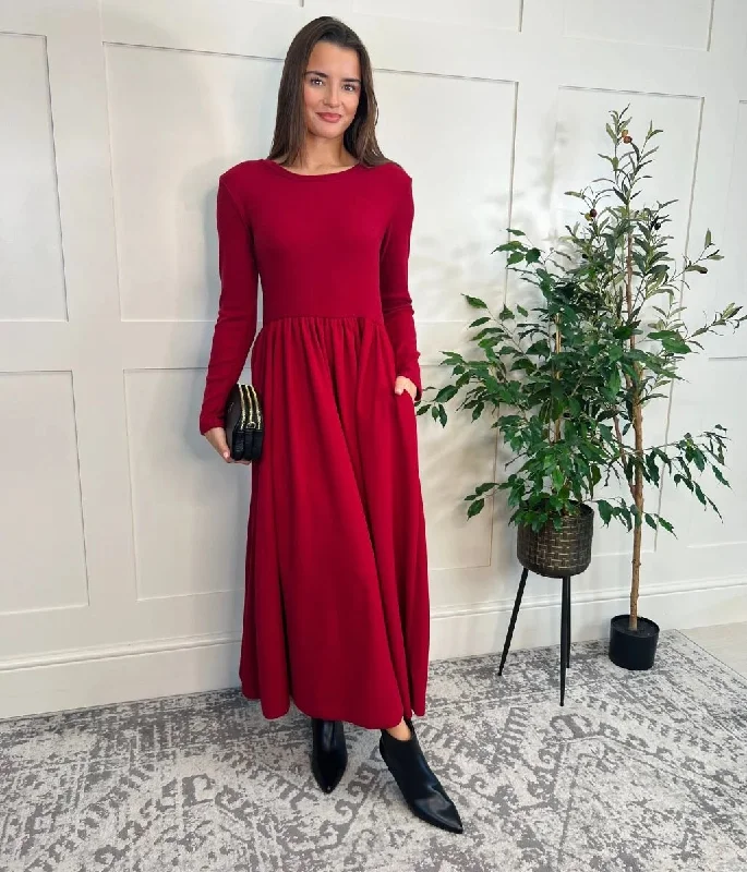 Red Knitted Bodice Midi Dress