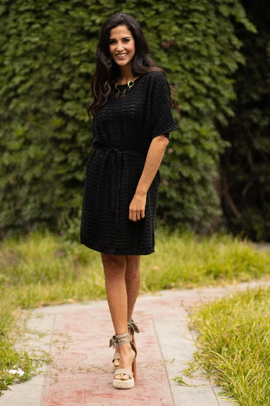 Thalu in Black Cotton Knitted Belted T-Shirt Dress in Black from Peru