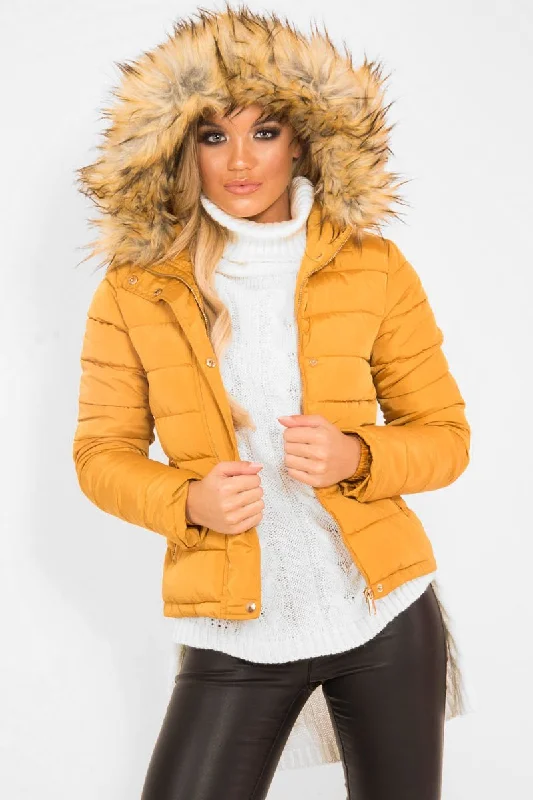 Mustard Padded Coat with Fur Trim Hood - Helena