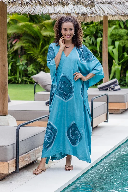 Floating Blue Hand-Painted Rayon Caftan from Bali