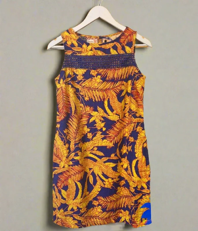 Blue & Yellow Leaf Print Linen Blend Dress 6