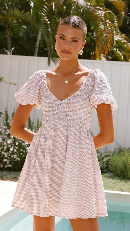 Sahirah Mini Dress - Beige / White Gingham