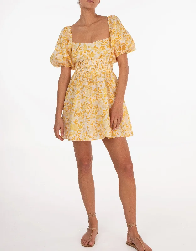 Linen Smocked Mini Dress, Daffodil Yellow Floral