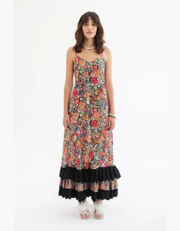 Cleopatra Silk Midi Slip Dress with Ruffle, Botanic Floral