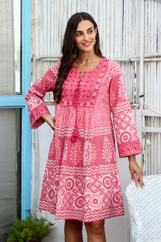 Petal Pink Embroidered Cotton A-Line Dress from India