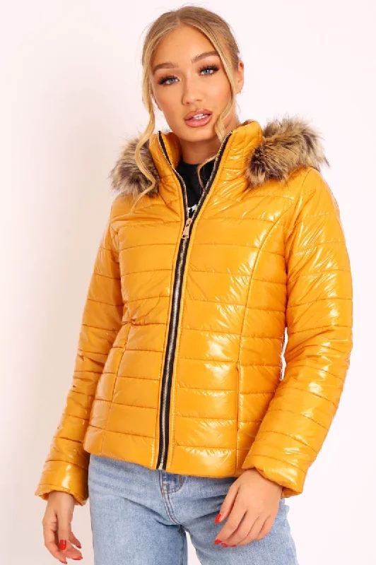 Mustard Wet Look Puffer Coat - Soph