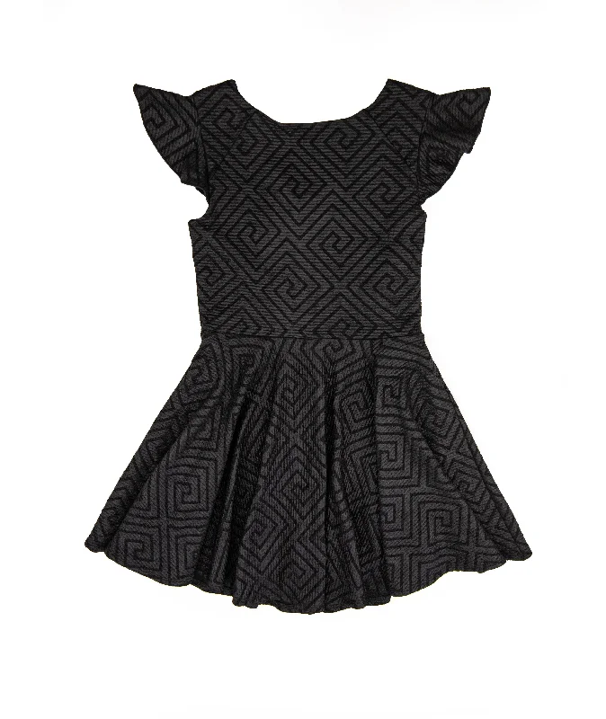 By Debra Girls Nadine Black Pattern Flutter Sleeve Fit and Flare Dress