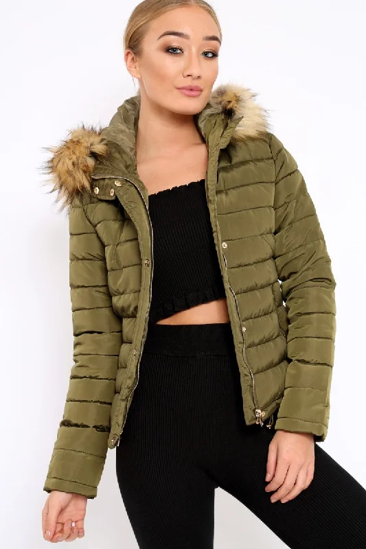 Khaki Padded Coat with Fur Trim Hood - Helena