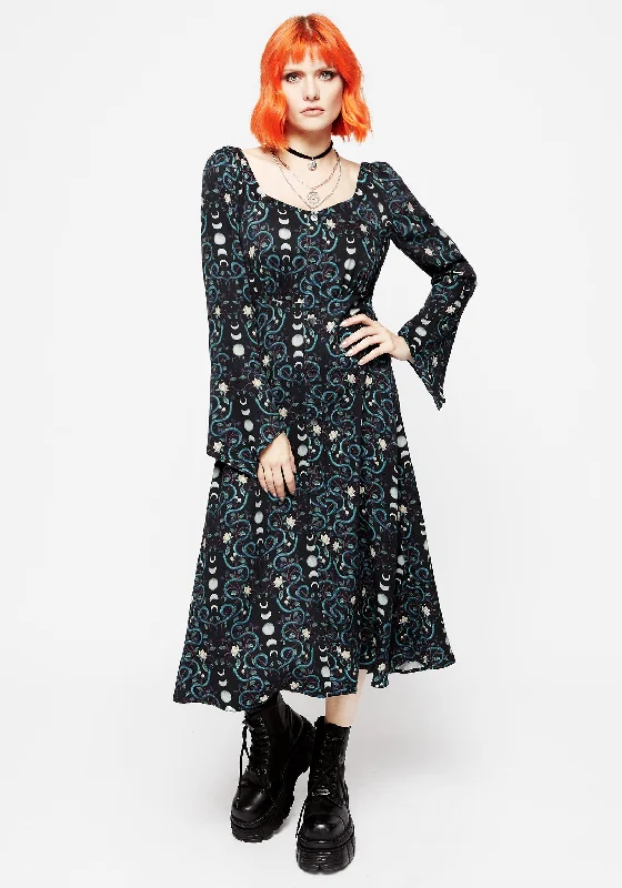 Pythia Print Flute Sleeve Midi Dress