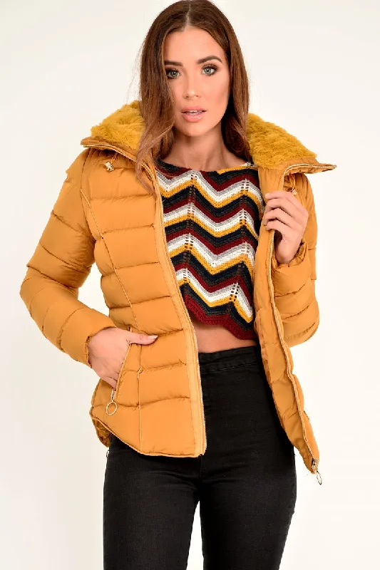 Mustard Fur Lined Ring Pull Puffer Coat - Riko