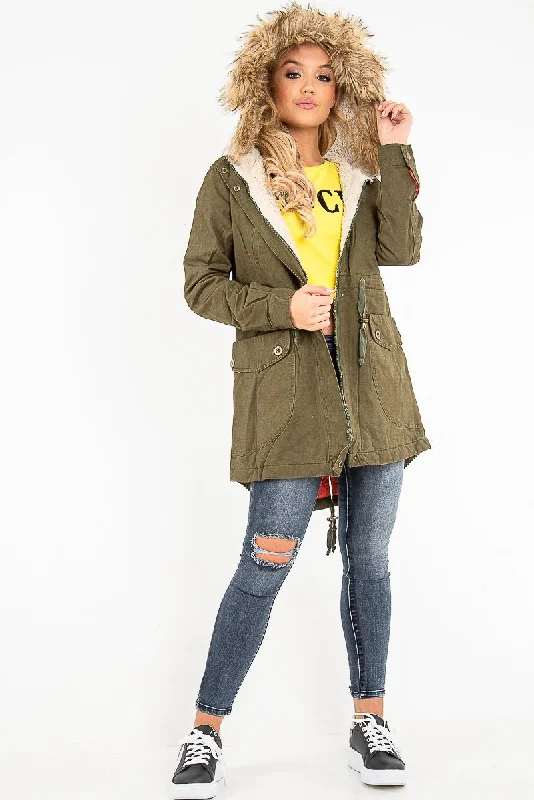 Khaki Fleece Lined Faux Fur Hood Parka Coat - Kiyomi