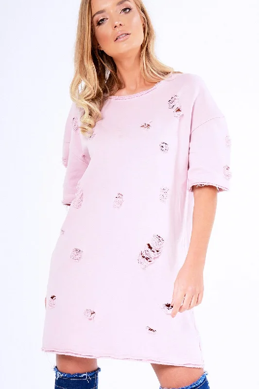 Pink Distressed Detail Short Sleeved Jumper Dress - Cammie