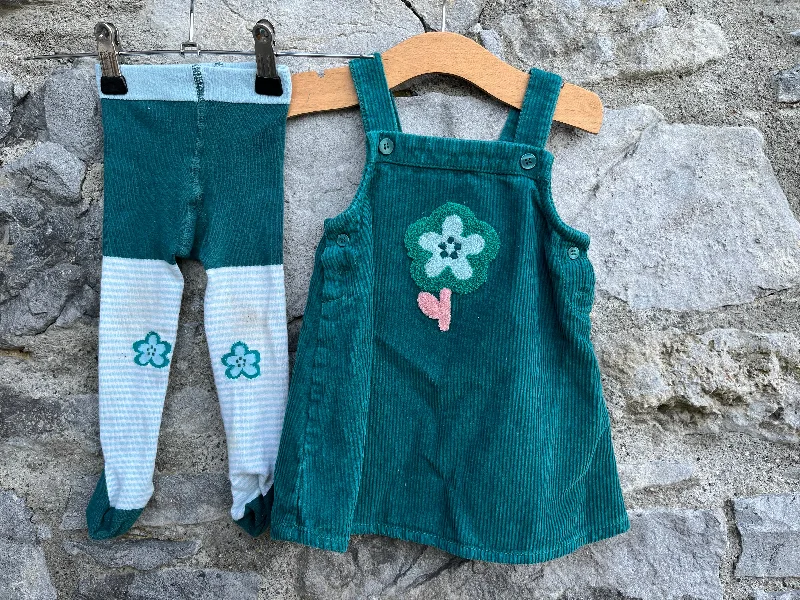 Green cord pinafore&tights  9-12m (74-80cm)