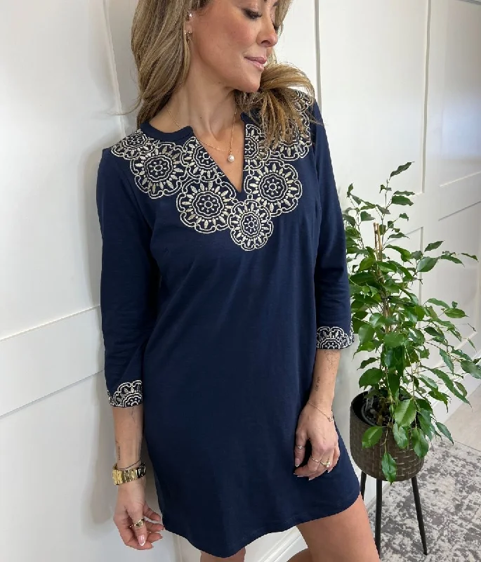 Navy Embroidered Tunic Dress